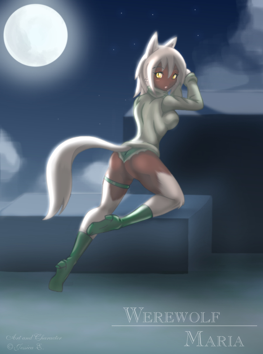 female furry hair high_heels jessica_elwood_(artist) looking_at_viewer maria_(jessica_elwood) moon night original outside over_shoulder short_hair solo tail werewolf white white_hair yellow_eyes