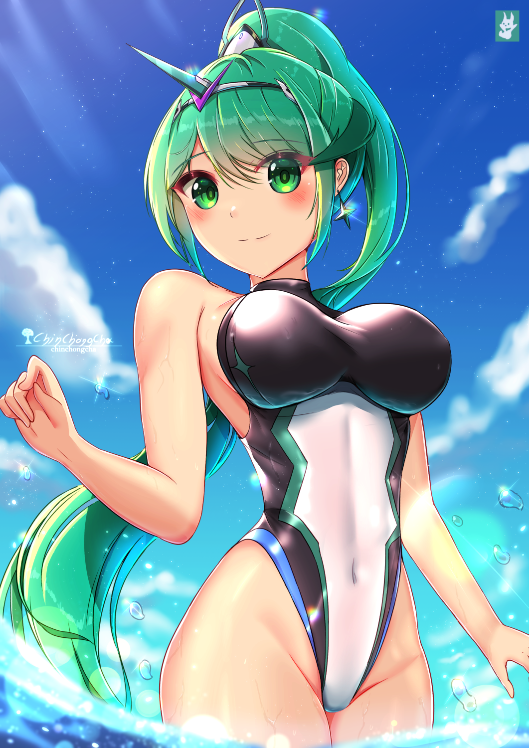 1girl alluring big_breasts black_one-piece_swimsuit blue_sky breasts chinchongcha cloud competition_swimsuit covered_navel day green_eyes green_hair headpiece high_res highleg highleg_swimsuit long_hair multicolored_clothes multicolored_swimsuit nintendo one-piece_swimsuit outside pneuma_(xenoblade) ponytail sky swept_bangs swimsuit turtleneck very_long_hair water xenoblade_(series) xenoblade_chronicles_(series) xenoblade_chronicles_2