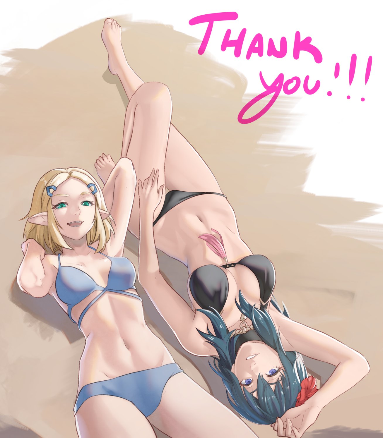 2_girls :d alternate_costume arm_behind_head arm_up bare_arms bare_legs barefoot big_breasts bikini black_bikini black_swimsuit blonde_hair blue_bikini blue_eyes blue_swimsuit breasts byleth_(female) byleth_(fire_emblem) byleth_(fire_emblem)_(female) commentary cowboy_shot feet feet_out_of_frame female_only fire_emblem fire_emblem:_three_houses fire_emblem_heroes flower green_eyes hair_flower hair_ornament high_res knee_up legs long_hair looking_at_viewer lying medium_breasts medium_hair milestone_celebration multiple_girls navel nintendo official_alternate_costume on_back open_mouth pointy_ears pomelomelon princess_zelda red_flower smile stomach super_smash_bros._ultimate swimsuit teal_hair tears_of_the_kingdom thank_you the_legend_of_zelda the_legend_of_zelda:_tears_of_the_kingdom thighs toenails toes upside-down zelda_(tears_of_the_kingdom)
