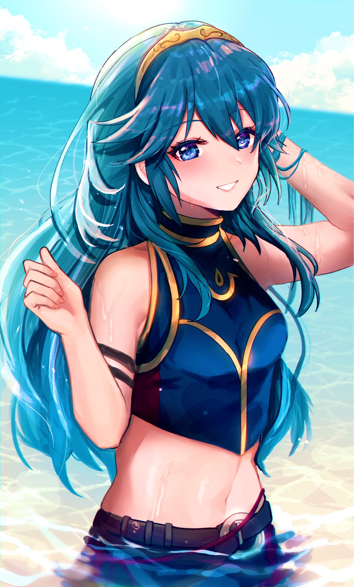 1girl 1girl alluring asada_sadao beach belt blue_eyes blue_hair blue_one-piece_swimsuit blue_sky blush breasts brown_belt cloud commentary_request day fingernails fire_emblem fire_emblem_awakening fire_emblem_cipher gold_trim hair_between_eyes hand_in_own_hair high_res lips looking_at_viewer lucina lucina_(fire_emblem) midriff navel nintendo official_alternate_costume one-piece_swimsuit outside partially_submerged pink_lips sky small_breasts smile stomach swimsuit tiara water wet