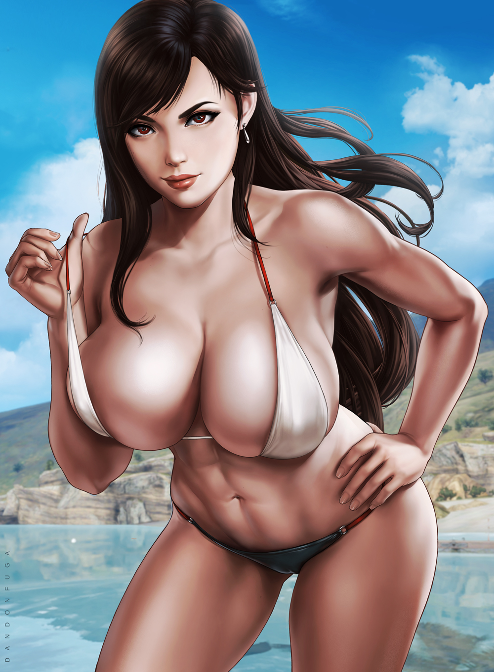 1girl 1girl 1girl alluring athletic_female big_breasts big_breasts bikini breasts brown_eyes brown_hair cameltoe cleavage color dandon_fuga earrings female_abs female_only final_fantasy final_fantasy_vii fit_female human long_hair looking_at_viewer pussy sky_background square_enix standing swimsuit tifa_lockhart uncensored