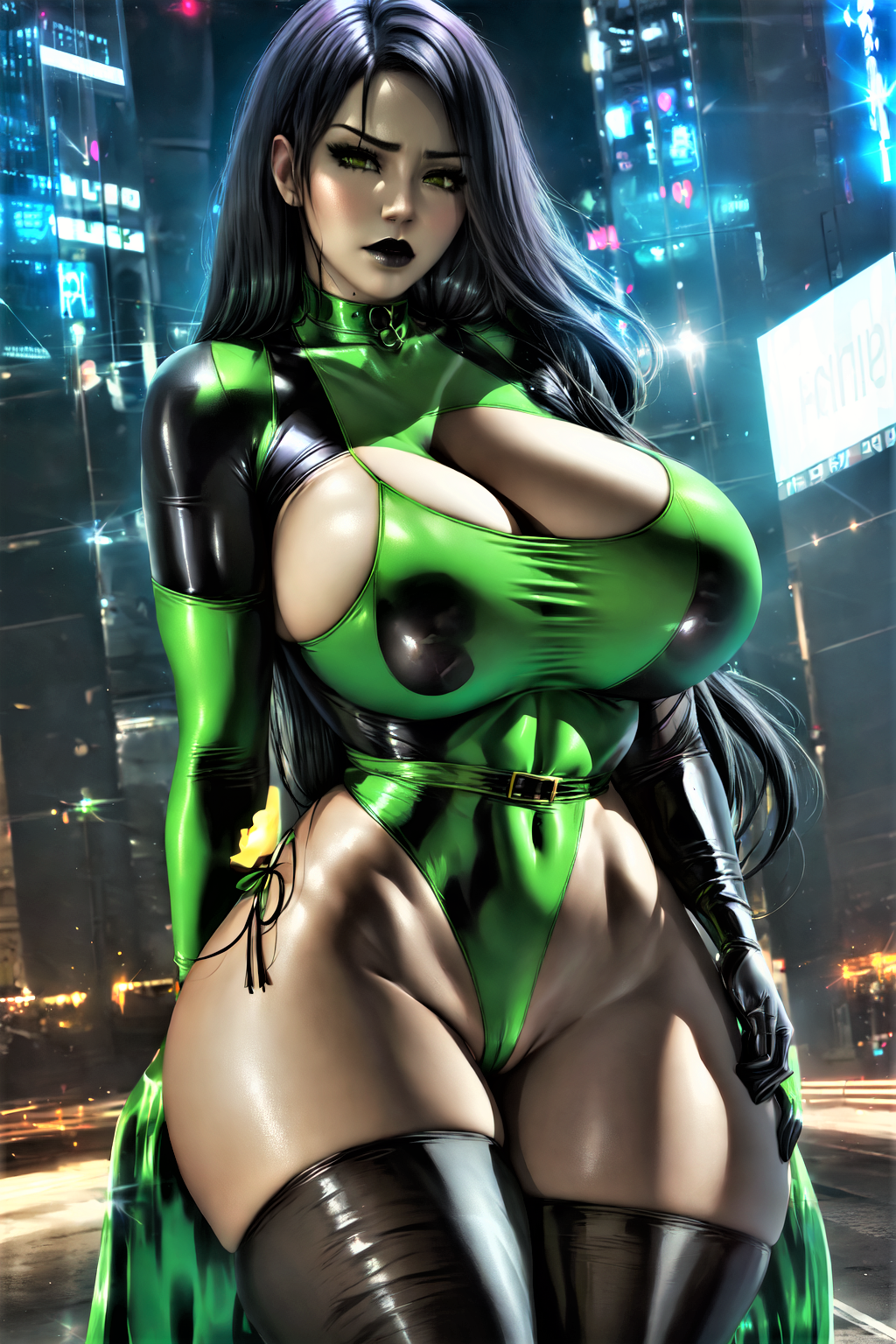 ai_generated bodysuit huge_breasts kim_possible shaved_pussy shego thigh_high_boots thighs