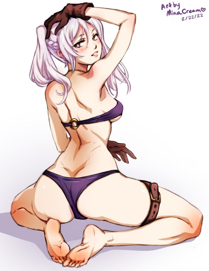 1girl 2022 alluring artist_name ass barefoot bikini blush breasts brown_gloves butt_crack dated feet female_focus fire_emblem fire_emblem_heroes from_behind gloves long_hair looking_at_viewer looking_back mina_cream nintendo o-ring o-ring_bikini o-ring_top official_alternate_costume purple_bikini robin_(fire_emblem) robin_(fire_emblem)_(female) small_breasts smile soles squatting swimsuit thigh_strap toes twin_tails under_boob white_hair
