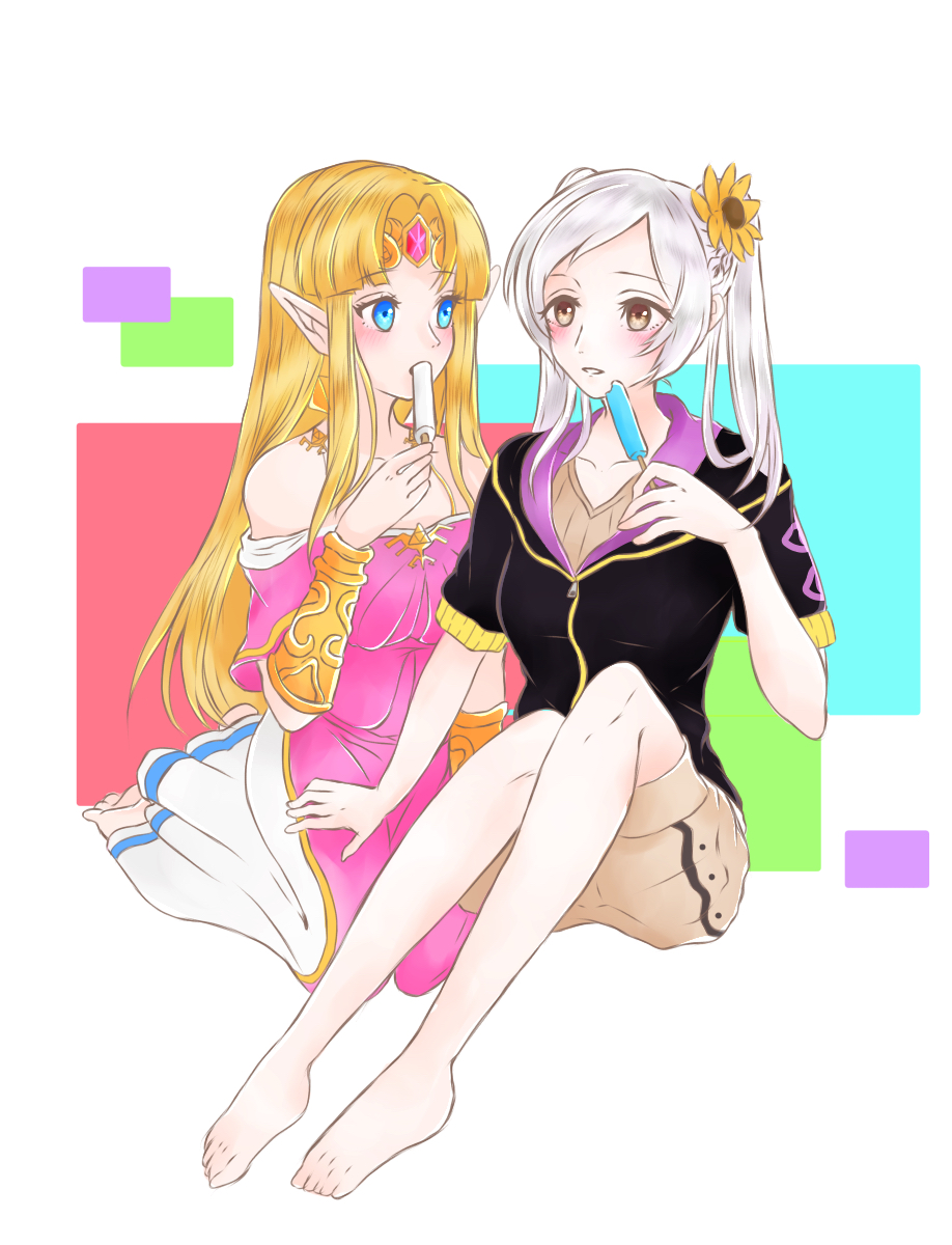 2_girls adapted_costume alluring bad_id bad_pixiv_id bare_shoulders barefoot black_jacket blonde_hair blue_eyes blush bracer braid brown_eyes brown_shirt brown_shorts circlet commentary_request crown_braid dress feet fire_emblem fire_emblem_awakening flower food food_in_mouth french_braid gem hair_flower hair_ornament hand_up high_res holding holding_food hood hooded_jacket intelligent_systems jacket kneel knees_up kotoha_(alice_sea) long_hair looking_at_another multiple_girls nintendo off-shoulder_dress off_shoulder parted_lips pink_dress pointy_ears popsicle princess_zelda robin_(fire_emblem) shirt short_sleeves shorts sidelocks silver_hair simple_background sitting sunflower super_smash_bros. the_legend_of_zelda the_legend_of_zelda:_a_link_between_worlds toes twin_tails white_background