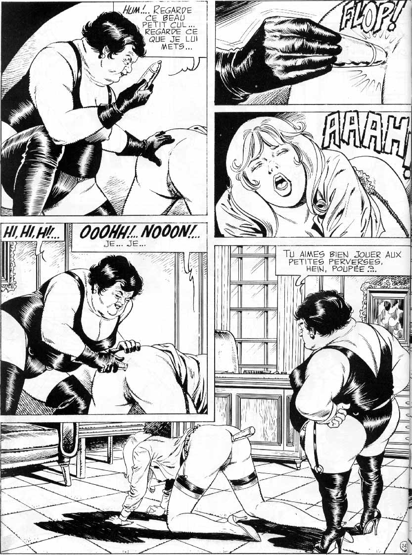 anal_insertion ball_gag big_breasts bondage chris_(sm_comics_artist) comic fat french_text hairy_pussy insertion jane's_training le_dressage_de_jane monochrome pussy_juice thigh_high_boots ugly_female yuri