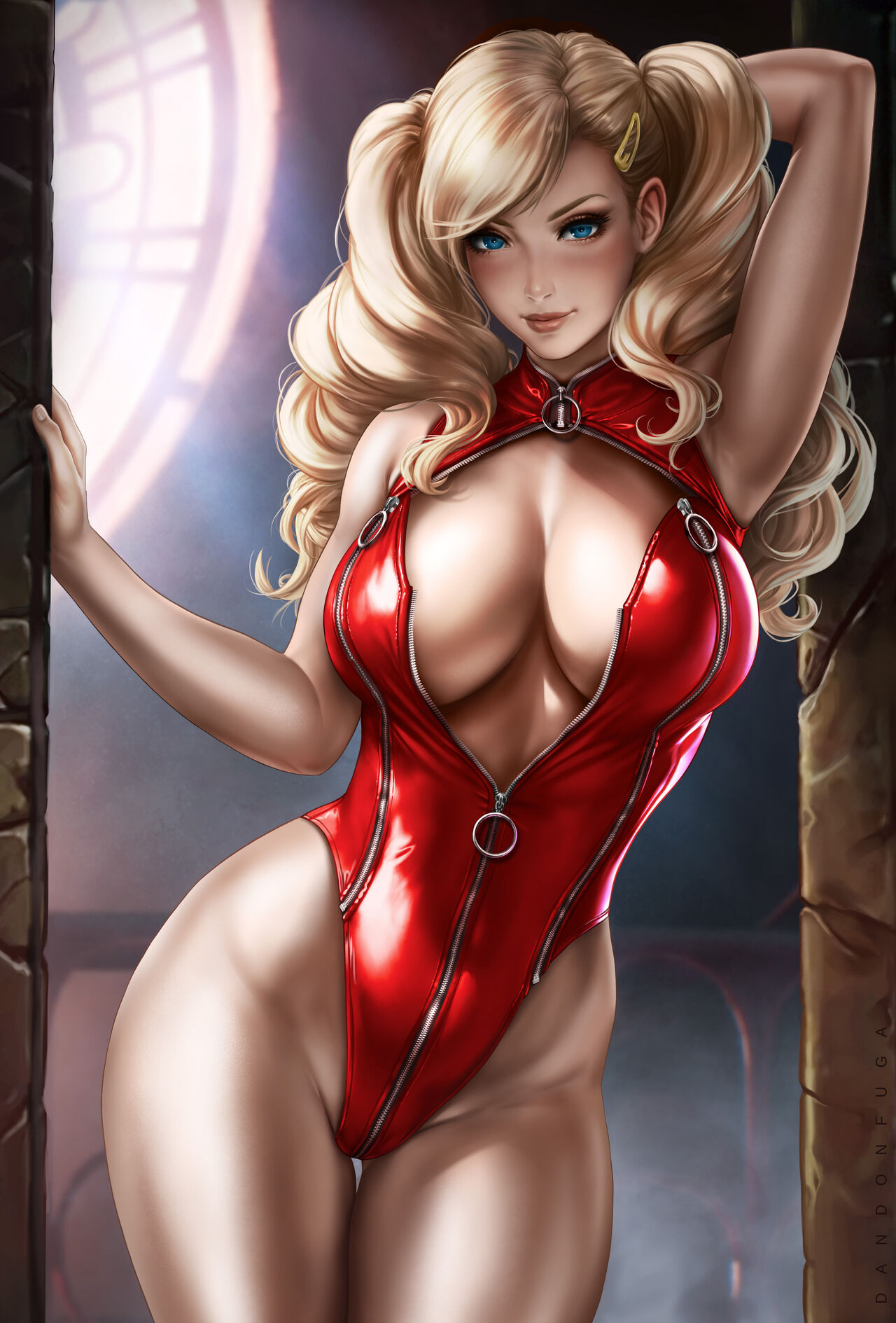 1girl 1girl absurd_res absurd_res alluring ann_takamaki arm_up big_breasts big_breasts big_breasts blonde_hair blue_eyes breasts child_bearing_hips cute_face dandon_fuga female_focus female_only hair_ornament high_res high_resolution hips large_filesize light-skinned_female light_skin long_hair looking_at_viewer persona persona_5 slim_girl slim_waist standing thick_thighs thighs twin_tails very_high_resolution