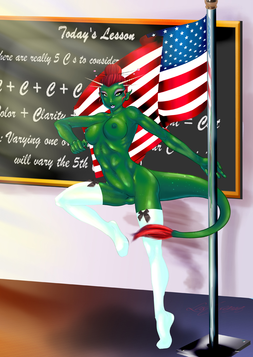 breasts flag furry green_skin nude nipples red_hair reptile scalie tail teacher stockings usa