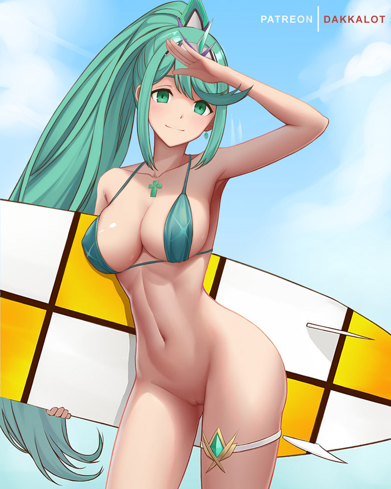 1girl alluring armpits arms_up artist_name bare_arms bare_legs bare_shoulders big_breasts bikini bikini_top blue_sky blush breasts brown_eyes cleavage closed_mouth collarbone contrapposto cowboy_shot dakkalot day earrings female_abs gem green_eyes green_hair holding jewelry long_hair looking_at_viewer naked_from_the_waist_down nintendo outside pneuma_(xenoblade) pussy salute sky smile stomach surfboard swimsuit thighs tiara very_long_hair voluptuous white_bikini xenoblade_(series) xenoblade_chronicles_2