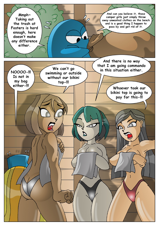 asian asian_female ass bikini black_eyes black_hair bloo blooregard breasts brown_hair brown_skin cartoon_network comic courtney_(tdi) covering_breasts dark-skinned_female dyed_hair embarrassing foster's_home_for_imaginary_friends goth gwen_(tdi) heather_(tdi) hourglass_figure lindsay_(tdi) pale-skinned_female riot_at_the_museum short_hair text thick_ass thick_legs thick_thighs topless total_drama_island two_tone_hair x^j^kny x^j^kny_(artist)