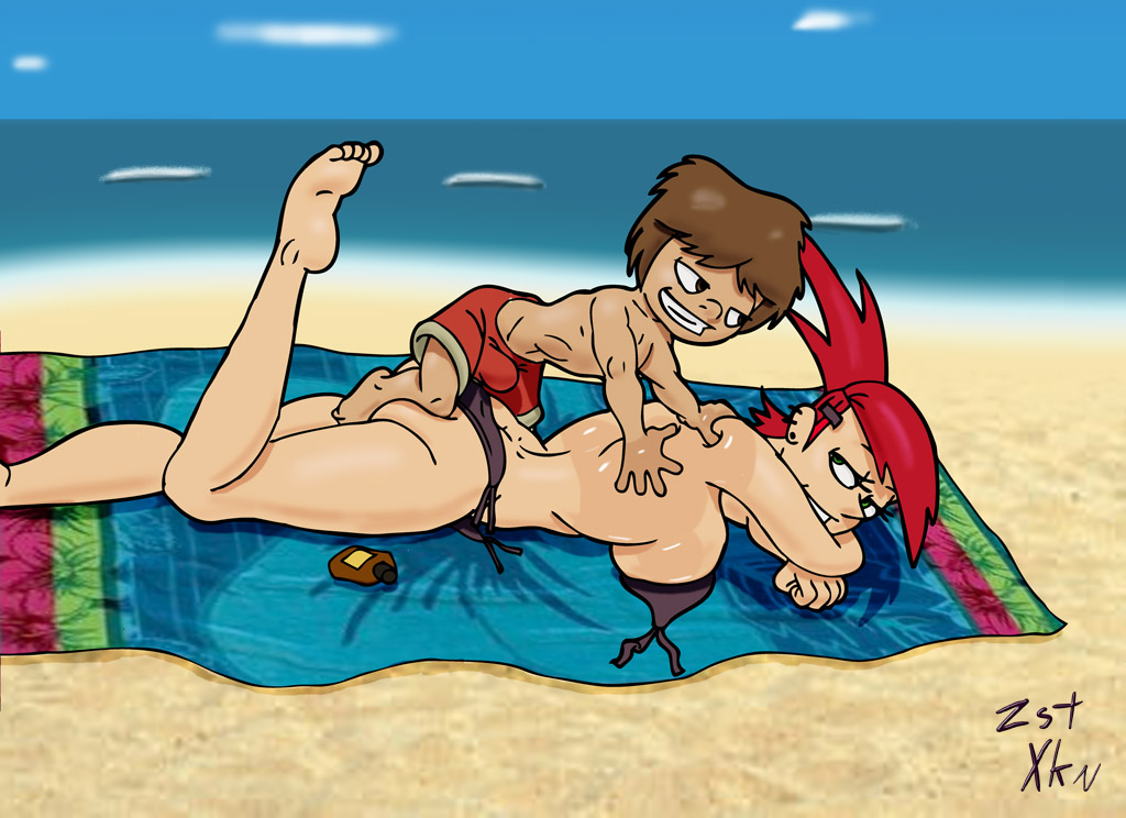 1boy 1girl age_difference barefoot beach big_breasts bikini breasts brown_hair cartoon_network child erection foster's_home_for_imaginary_friends frankie_foster from_behind hand_on_back hand_on_shoulder little_boy looking_at_another love lying_down lying_on_stomach mac_(fhfif) male/female purple_swimsuit red_hair redhead sea shota shotacon side-tie_bikini sideboob sunscreen swim_trunks topless towel young_boy zst_xkn