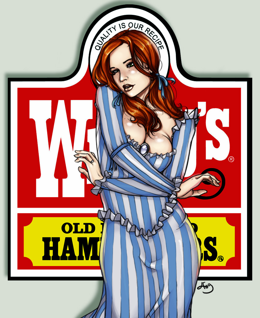 1girl arms_under_breasts breasts cleavage clothed clothing dress female_only mascot mascots miravi non-nude redhead solo_female striped stripes tagme text wendy's wendy_(wendy's)