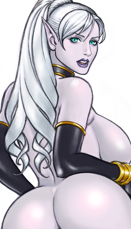 backboob big_ass dat_ass elf extra_thicc female large_breasts long_hair looking_back looking_back_at_viewer loubotix_(artist) nude_female original_character pale_skin sideboob white_hair world_of_warcraft