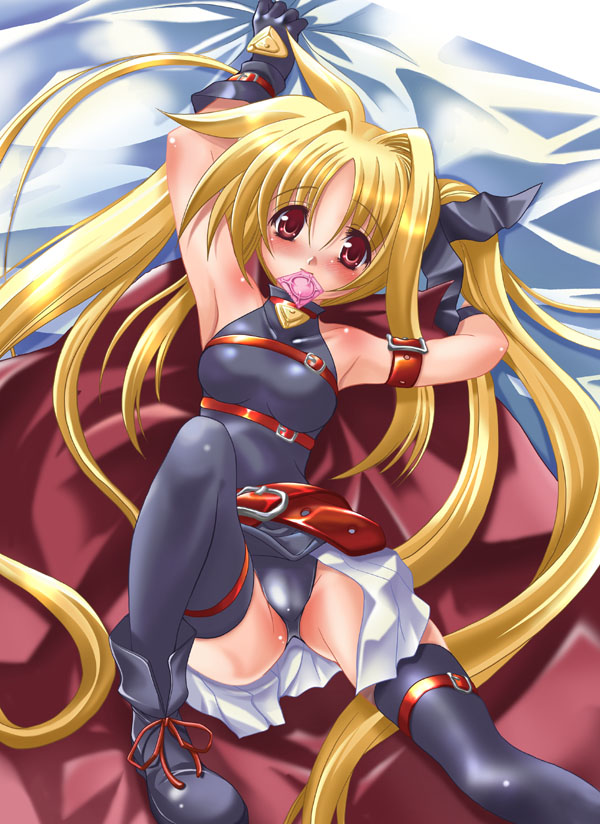 armpit armpits bed blonde_hair blush breasts condom condom_in_mouth eyebrows fate_testarossa long_hair lying lyrical_nanoha mahou_shoujo_lyrical_nanoha mahou_shoujo_lyrical_nanoha_a's mio_(fastest_lap) mouth_hold nagiyura red_eyes stockings thighhighs twin_tails twintails