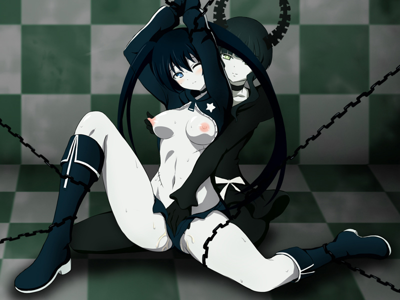 2girls an-bl bdsm black_hair black_rock_shooter black_rock_shooter_(character) blue_eyes blush bondage boots bound breasts chain chains coat dead_master fingering glowing glowing_eyes hand_in_shorts knee_boots long_hair multiple_girls navel nipple_tweak nipples one_eye_closed pale_skin pussy_juice scar short_shorts shorts sitting smile sweat twintails wince wink yuri