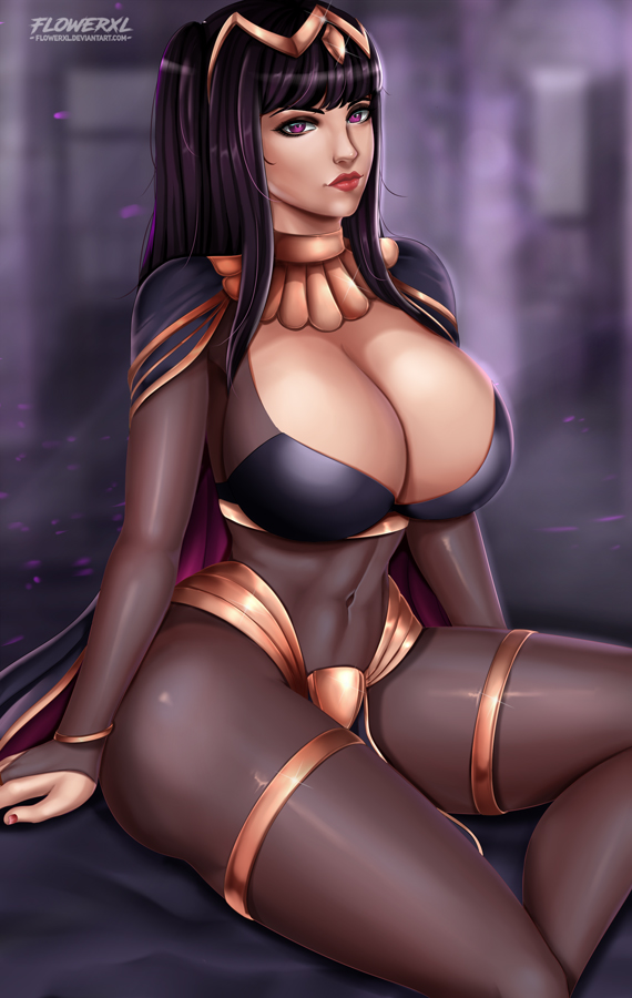 1girl arm_support black_hair bodystocking breasts cape circlet cleavage covered_navel fire_emblem fire_emblem_awakening flowerxl huge_breasts lips long_hair looking_at_viewer purple_eyes tharja thighlet thighs wide_hips