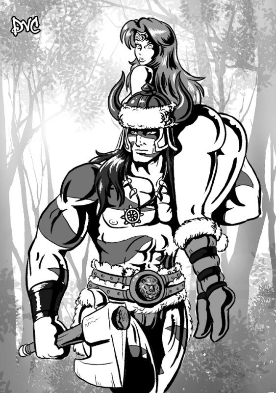 1boy 1girl ass axe barbarian conan conan_the_barbarian demien female human knee_high_boots male monochrome muscle partially_clothed red_sonja red_sonja_(comics)