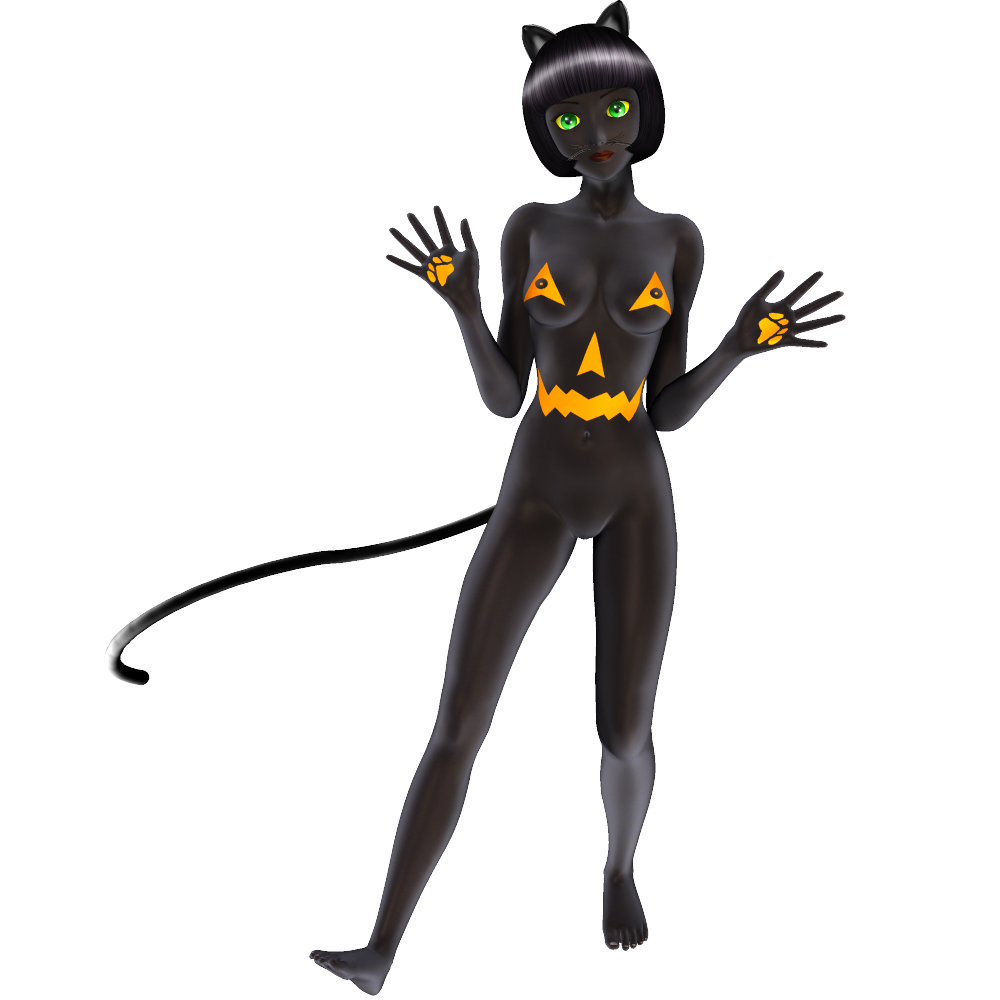 big_breasts black_fur bodypaint boocat cat_girl catgirl furry jack-o'-lantern jack_o_lantern pussy