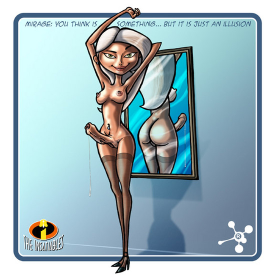 1girl ass breasts crossdressing cum disney futanari mirage_(the_incredibles) mirror pixar raul_(artist) shoe small_breasts stockings testicles the_incredibles