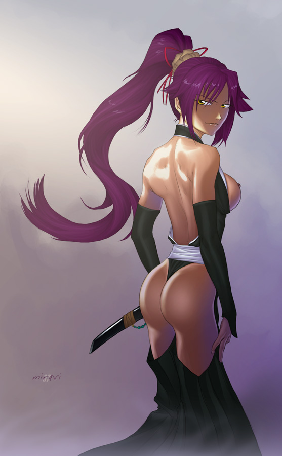 1girl artist_name ass back bare_shoulders bleach breasts catthouse_studios dark-skinned_female dark_skin elbow_gloves gloves long_hair looking_back miravi open_clothes ponytail purple_hair sexy_ass sheath shihouin_yoruichi tcatt yellow_eyes yoruichi_shihouin