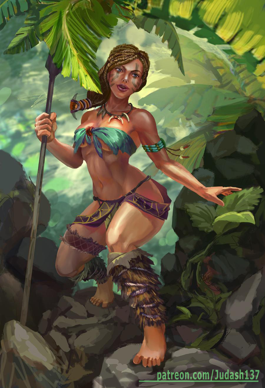 1girl 1girl abs amazon armpits bare_shoulders barefoot big_breasts blonde_hair breasts cleavage dark_skin high_res judash137 jungle legs lips long_hair looking_at_viewer muscle nature navel revealing_clothes shiny shiny_skin smile tattoo thighs toned weapon