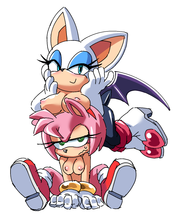 1girl amy_rose annoyed anthro bat blush breast_hat breast_rest breasts breasts_on_head clothing coolblue eyelashes footwear furry gloves hairband half-closed_eyes hands_on_face hedgehog high_heels levitating mammal nipples rouge_the_bat sega shoes simple_background sitting smile spreading sweat