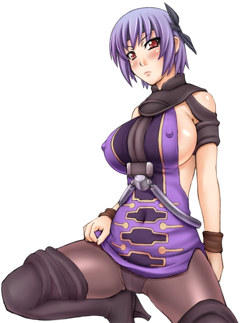 &gt;:( 1girl alluring armor ayane ayane_(doa) bangs bare_shoulders black_legwear blush boots breastplate breasts cleavage company_connection cosplay crotch_seam cuffs dead_or_alive dead_or_alive_2 dead_or_alive_3 dead_or_alive_4 dead_or_alive_xtreme dead_or_alive_xtreme_2 dead_or_alive_xtreme_3_fortune dress erect_nipples frown grey_legwear headband high_heels kagero_deception kagerou:_kokumeikan_shinshou large_breasts leg_lift looking_at_viewer metadora microskirt millennia_(cosplay) millennia_(kagero) ninja no_bra panties panties_under_pantyhose pantyhose pantyshot purple_dress purple_hair red_eyes short_dress short_hair side_slit sideboob silf simple_background skirt sleeveless sleeveless_dress solo spread_legs tecmo thigh_boots thighhighs turtleneck underwear upskirt white_background
