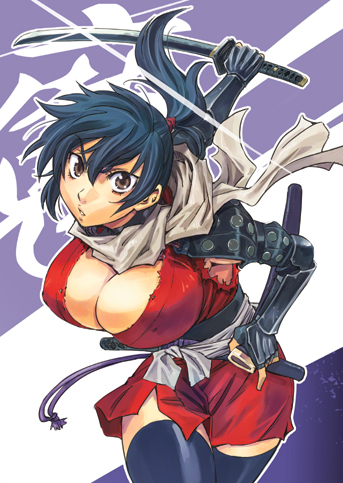 1girl armor bangs blue_hair blue_legwear breasts brown_eyes cleavage elbow_gloves female fighting_stance fingerless_gloves foreshortening gloves japanese_clothes katana kimono konchiki large_breasts leaning_forward long_hair looking_at_viewer lowres manyuu_chifusa manyuu_hikenchou ninja official_art ponytail sash scarf scrunchie sheath short_kimono solo sword thighhighs torn_clothes weapon zettai_ryouiki