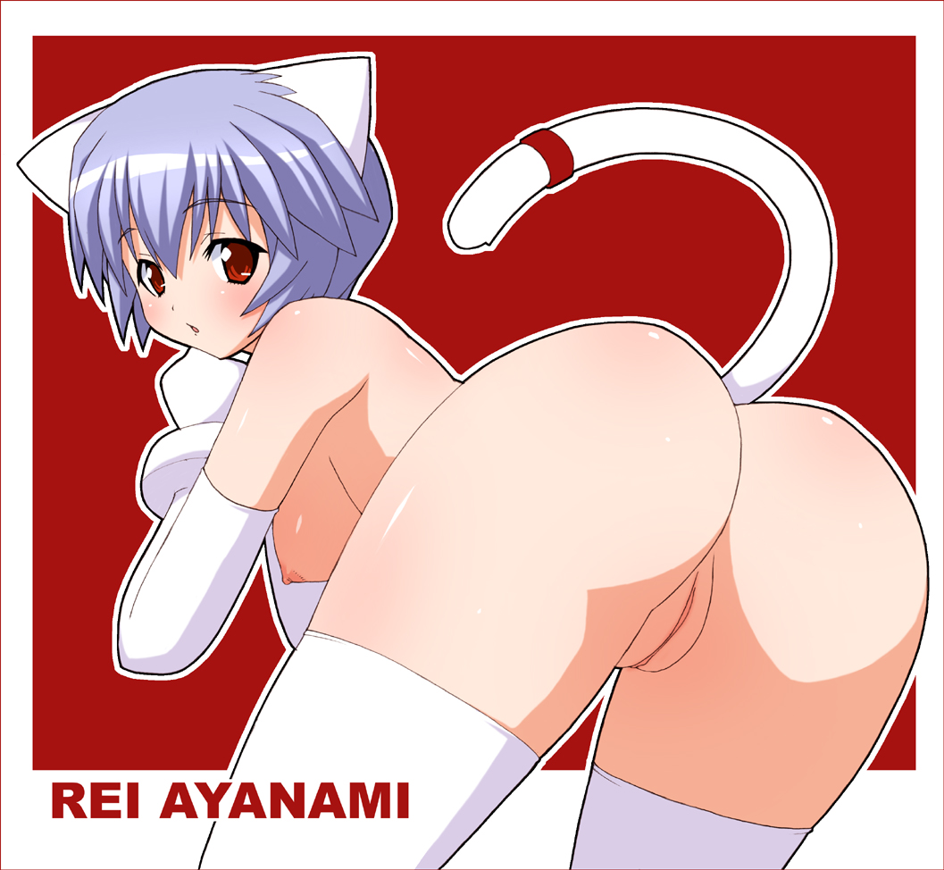 1girl animal_ears ass bangs bent_over blue_hair blush body_blush border breasts cat_ears cat_tail character_name chin_rest elbow_gloves embarrassed foreshortening from_behind gloves grimrock!_mix_edition hair_between_eyes hanging_breasts leo_circle looking_at_viewer looking_back naked_thighhighs neon_genesis_evangelion nipples nude open_mouth puffy_nipples pussy red_background red_eyes rei_ayanami shishimaru_ken'ya shishimaru_ken*ya shishimaru_kenya short_hair sideboob simple_background solo surprised tail thighhighs thighs uncensored white_legwear