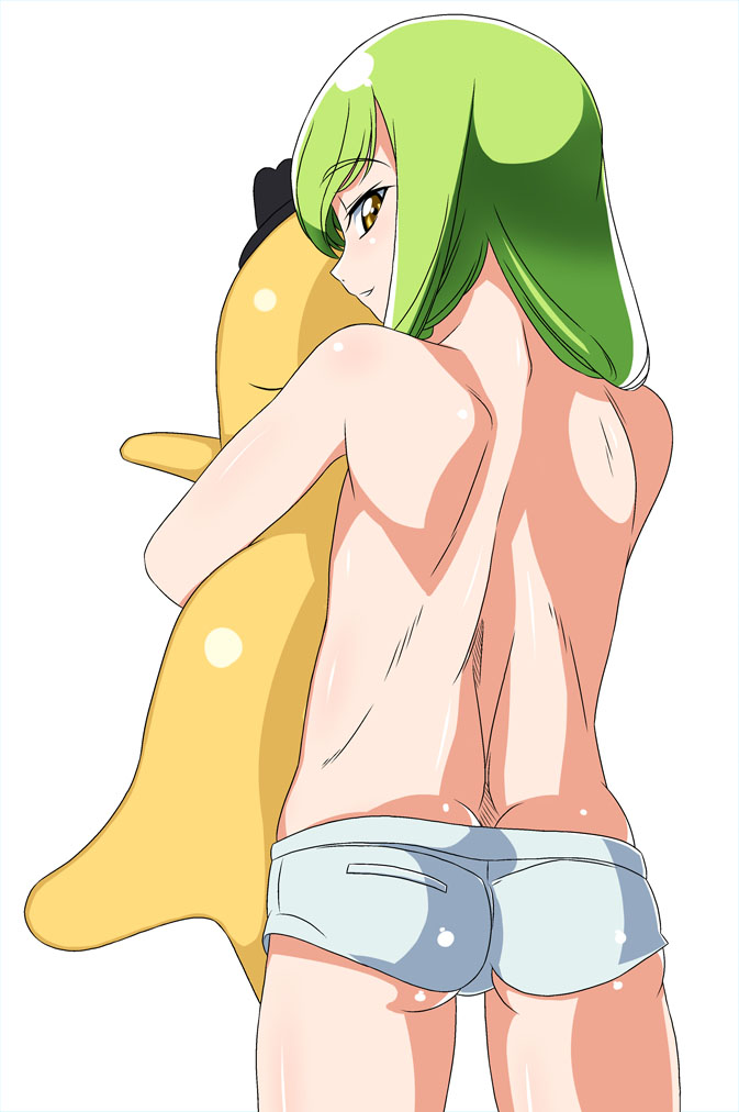 1boy ass back butt_crack c.c. cc cheese-kun code_geass femboy genderswap genderswap_(ftm) gluteal_fold green_hair hug hugging long_hair looking_back male male_only pizza_hut saga_inu short_shorts shorts topless topless_male trap white_background yellow_eyes young