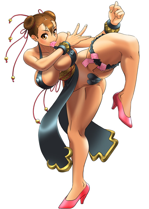 1girl alternate_costume anus ass big_breasts bottomless breasts brown_eyes brown_hair bun_hairstyle capcom chun-li clitoris condom condom_in_mouth condom_packet_strip condom_wrapper condoms cosine double_bun erect_nipples hair heart_maebari high_heels huge_breasts looking_at_viewer maebari mouth_hold naked_from_the_waist_down nipples no_bra no_panties pasties pelvic_curtain pussy pussy_patch revealing_clothes sexy_legs shoes short_hair simple_background slut solo standing_on_one_leg street_fighter street_fighter_iv thick_thighs thighs uncensored white_background whore