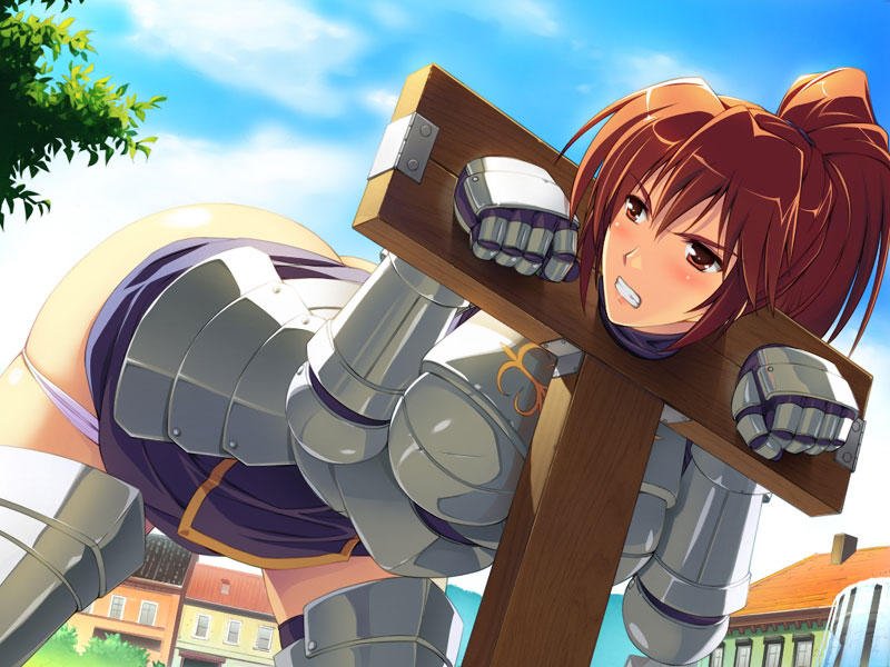 angry armor ass blush bondage bottomless breasts exposed frustrated humiliation knight medieval oshiri panties panties_down panty_pull pillory stocks teeth