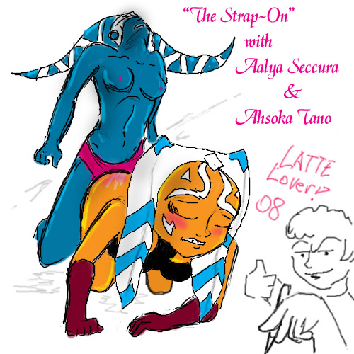 2008 aayla_secura ahsoka_tano blue_skin bottomless clone_wars closed_eyes doggy_position from_behind gloves latte-lover latte_lover_(artist) nipples orange_skin star_wars star_wars:_the_clone_wars strap-on togruta topless twi'lek