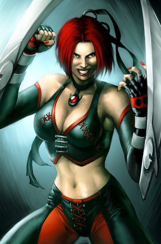 1girl big_breasts bloodrayne bloodrayne_(videogame) cleavage clothed collar dhampir female female_human female_only fingerless_gloves green_eyes hair human human_only looking_at_viewer rayne_(bloodrayne) red_hair short_hair smile solo_female standing unknown_artist vampire weapon