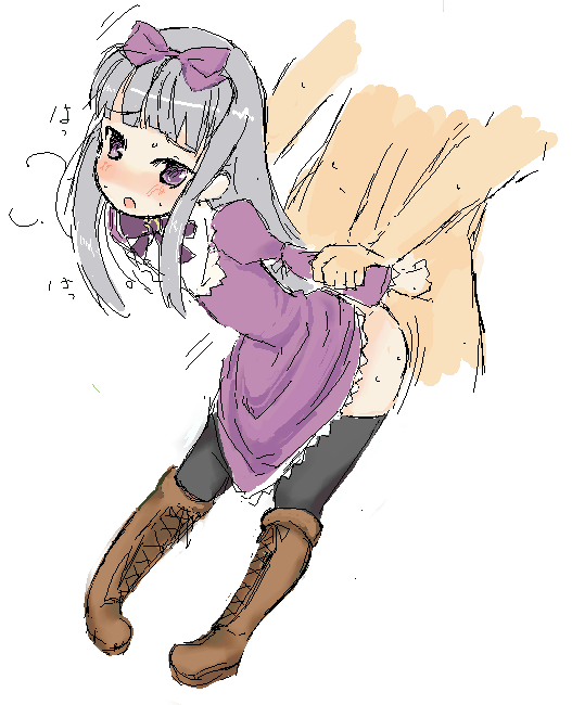 2chan 3.1-tan anime arm_grab arms_behind blush boots bow doggy_position female from_behind grey_hair long_hair no_panties open_mouth os-tan purple_eyes sex skirt_pull stockings windows_3.1 wrist_grab