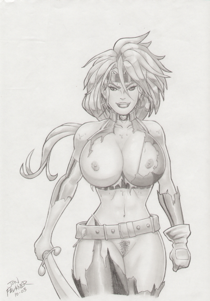 battle_chasers big_hair cleavage huge_breasts jon_falkner monochrome nipples pubic_hair pussy red_hair red_monika toned_female torn_clothes weapon