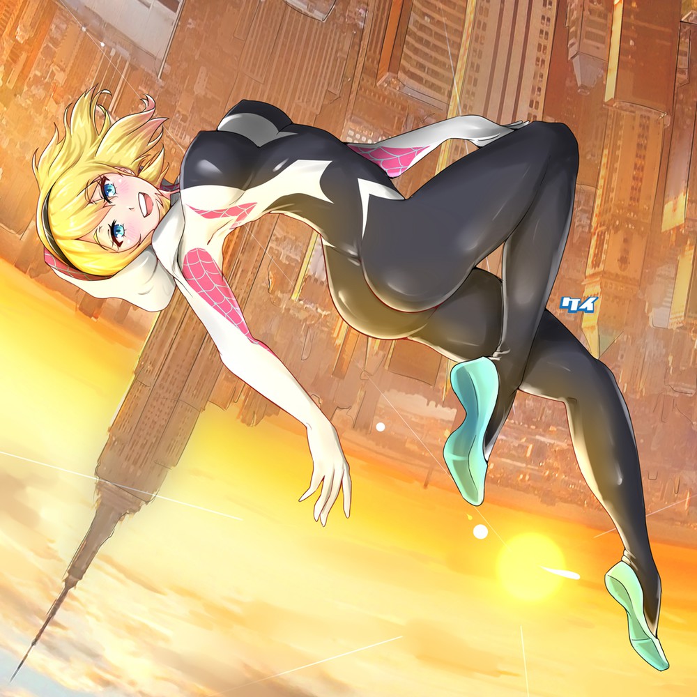 1girl ass blonde_hair blue_eyes clothed female female_only gwen_stacy marvel medium_hair nice_ass outdoor solo spider-gwen spider-man:_into_the_spider-verse spider-man_(series)