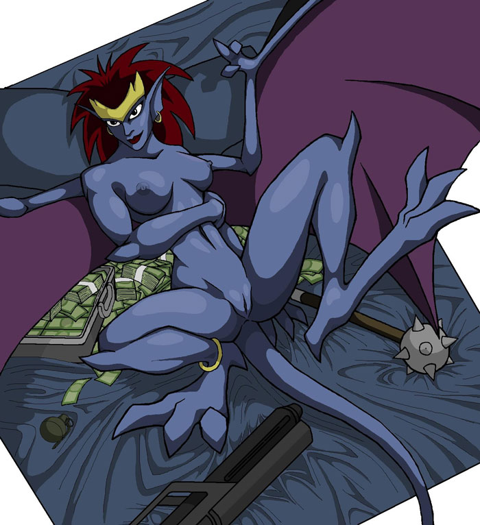 areola bed breasts demona disney ear_piercing explosives female furniture gargoyle gargoyles genitals grenade gun hair humanoid humanoid_pointy_ears lying mace melee_weapon membrane_(anatomy) membranous_wings money morning_star_(weapon) navel nero_(artist) nipples nude on_back on_bed piercing presenting pussy ranged_weapon red_hair rifle smile solo spread_legs spreading weapon wings