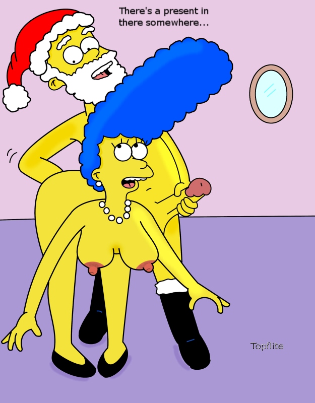 blue_hair breasts hair marge_simpson nipples penis santa_claus teeth the_simpsons topflite yellow_skin