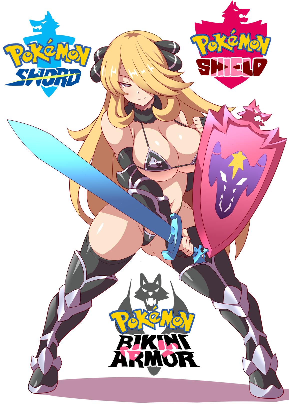 1girl alternate_costume armor big_breasts bikini bikini_armor blonde blonde_hair bra breasts cleavage clothed cynthia cynthia_(pokemon) female female_human female_only garchomp grey_eyes hair_over_one_eye half-closed_eyes happy holding_sword holding_weapon huge_breasts human konno_tohiro large_breasts logo long_blonde_hair long_hair looking_at_viewer medieval navel nintendo panties pokemon pokemon_(game) pokemon_dppt pokemon_ss seductive_smile shield shirona_(pokemon) smile standing stockings sword text thick_thighs thighhighs thighs watermark weapon wide_hips
