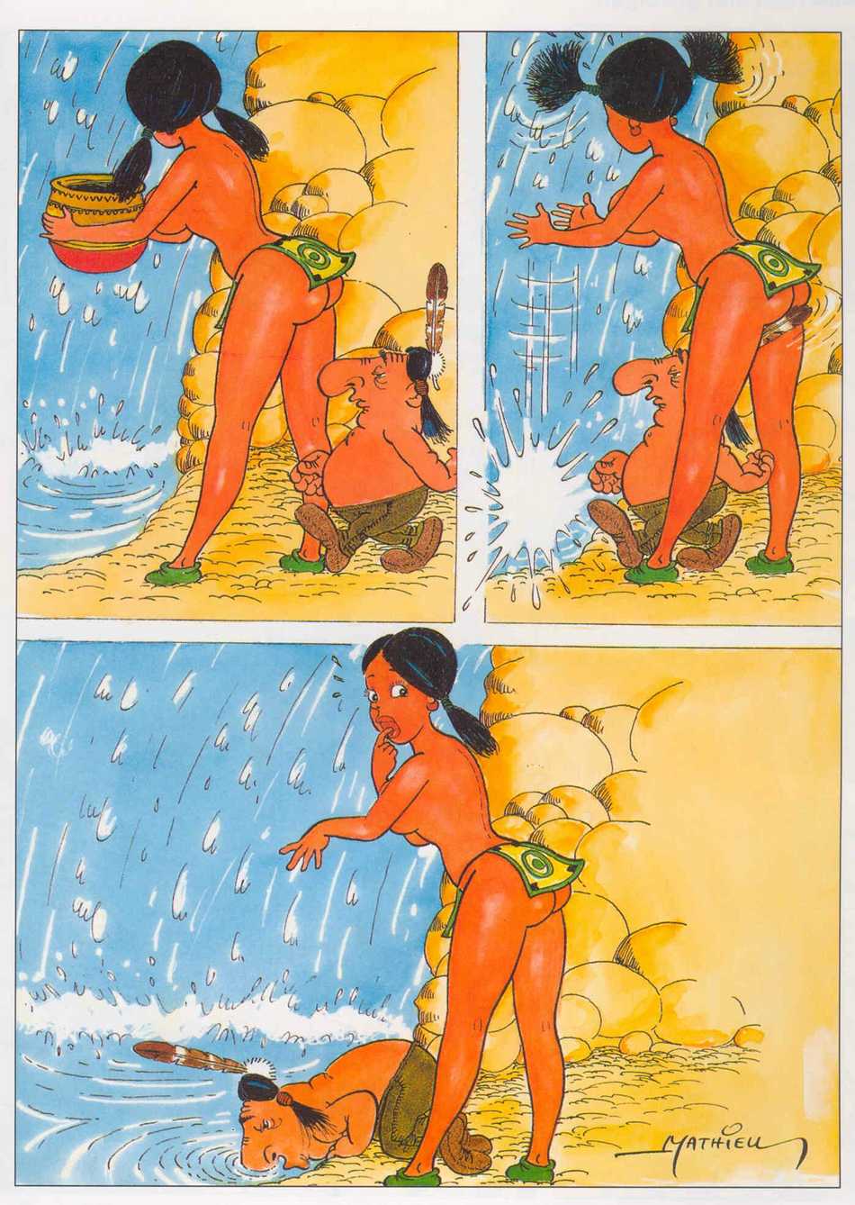 1_boy 1_female 1_girl 1_human 1_male 2_human all_fours black_hair breasts clothed comic coy duo female female_human hair human human_only looking_at_viewer looking_back male male_human mathieu mostly_nude motion_lines native_american nipples outdoors random_comic size_difference topless waterfall