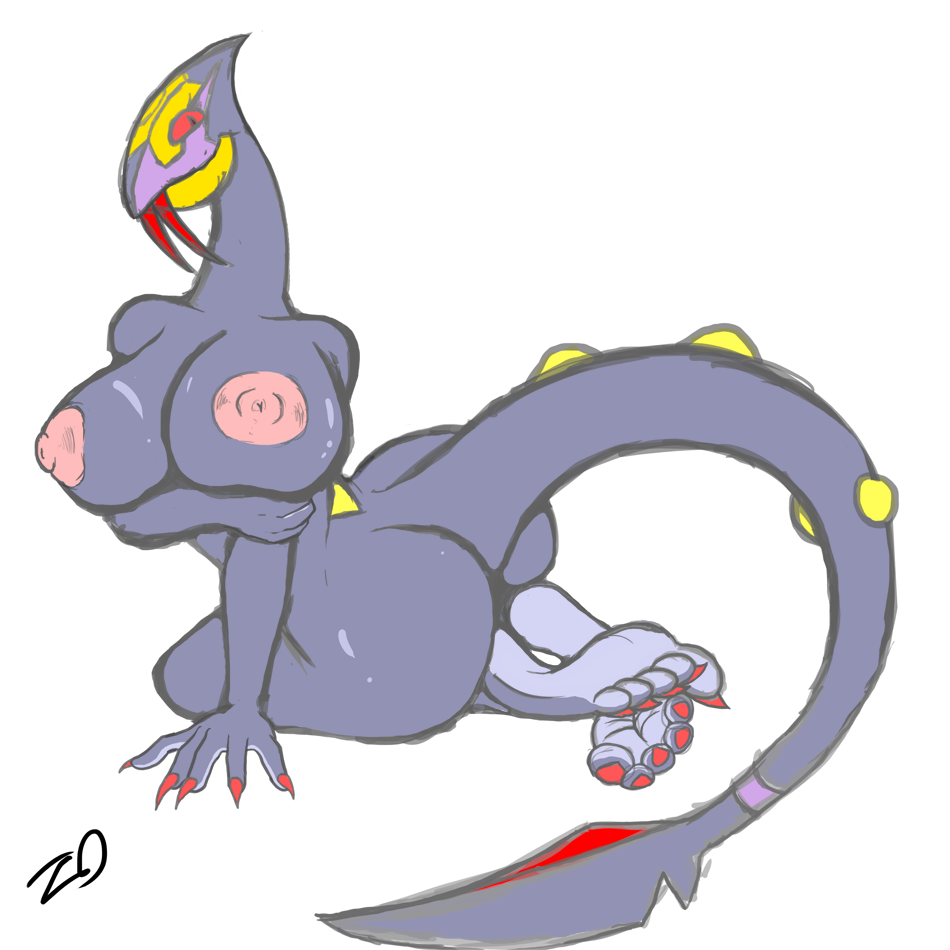 anthro ass big_breasts breasts claws fangs feet female full_body hindpaw huge_breasts looking_at_viewer nipples nude paws pokemon red_eyes seviper sketch snake solo ticklishways toes zp92
