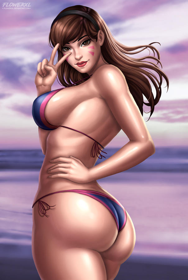 1girl alluring ass background big_ass big_breasts bikini breasts brown_eyes brown_hair brunette cleavage d.va d.va_(overwatch) female_only flowerxl lipstick looking_at_viewer looking_back overwatch pinup side_view sideboob thick_thighs thighs v