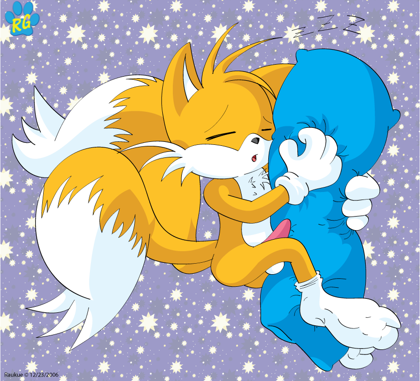 2006 blue_fur canine chest_tuft closed_eyes fox gloves male male_only miles_"tails"_prower multiple_tails orange_fur penis pillow raukue sega sonic_*(series) sonic_the_hedgehog_(series) tail testicles yaoi