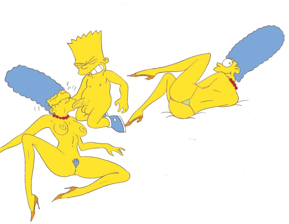 areolae ass bart_simpson blue_hair blue_pubic_hair breasts eyelashes fellatio fluffy_(artist) high_heels marge_simpson nipples oral penis pubic_hair simple_background tagme teeth testicles the_simpsons white_background yellow_skin