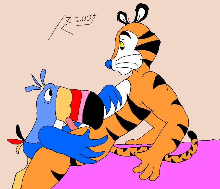 erection fellatio froot_loops frosted_flakes kthanid kthanid_(artist) mascots nude oral penis tiger tony_the_tiger toucan_sam yaoi