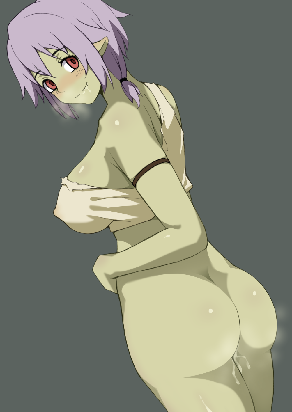1girl alternate_eye_color armlet ass asymmetrical_hair bare_shoulders big_breasts blush bottomless breasts crop_top drooling erect_nipples erect_nipples_under_clothes fang female_only goblin haruna_(tensei_shitara_slime_datta_ken) heavy_breathing high_resolution jewelry kamegawara_nikuo looking_at_viewer monster_girl naughty_face nipples no_bra no_panties pointed_ears ponytail purple_hair pussy_juice red_eyes saliva side_ponytail sideboob simple_background tensei_shitara_slime_datta_ken tied_hair vaginal_juices