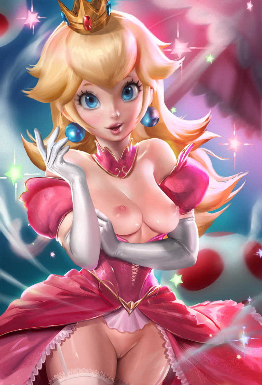 1girl blonde_hair blue_eyes breasts crown dress earrings exposed_breasts exposed_pussy female female_human female_only gloves hairless_pussy looking_at_viewer no_bra no_panties partially_clothed princess_peach pussy sakimichan solo standing stockings super_mario_bros.