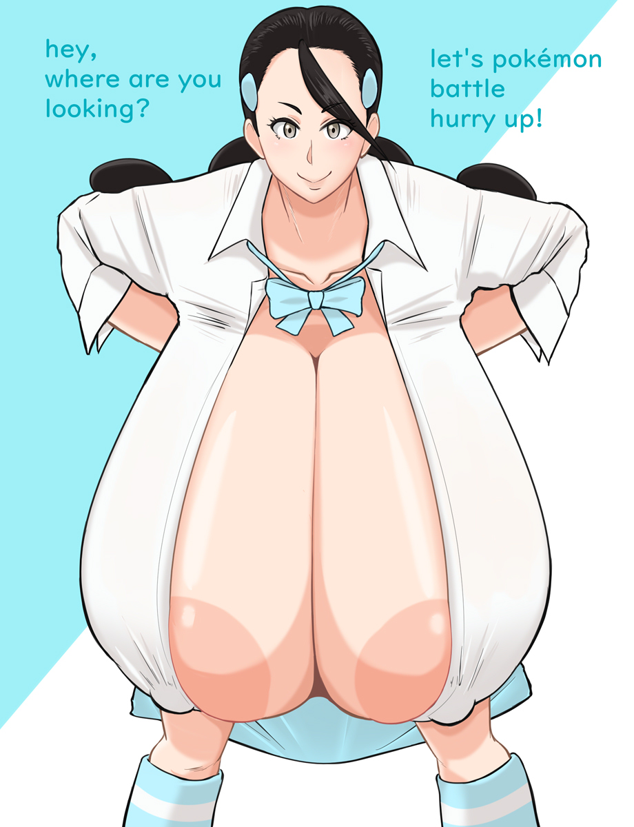 aokuro1908 black_hair breast_expansion candice candice_(pokemon) gigantic_breasts grey_eyes hand_on_hip pokemon sexy sexy_body sexy_breasts twin_tails