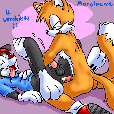 anal_penetration animal_ears animaniacs brainsister closed_eyes crossover cum fox furry miles_"tails"_prower multiple_tails penis sega sonic sonic_team tail text wakko_warner yaoi