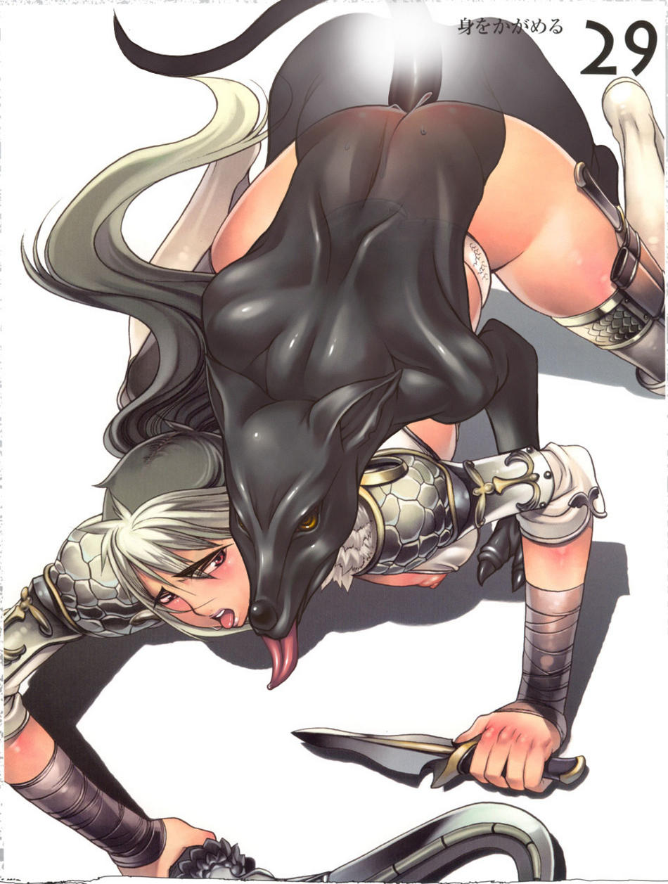 armor bandage beastiality blush canine claws dog echidna_(queen's_blade) female feral hetero holster human interspecies knife male nipple queen's_blade sex tongue x-ray